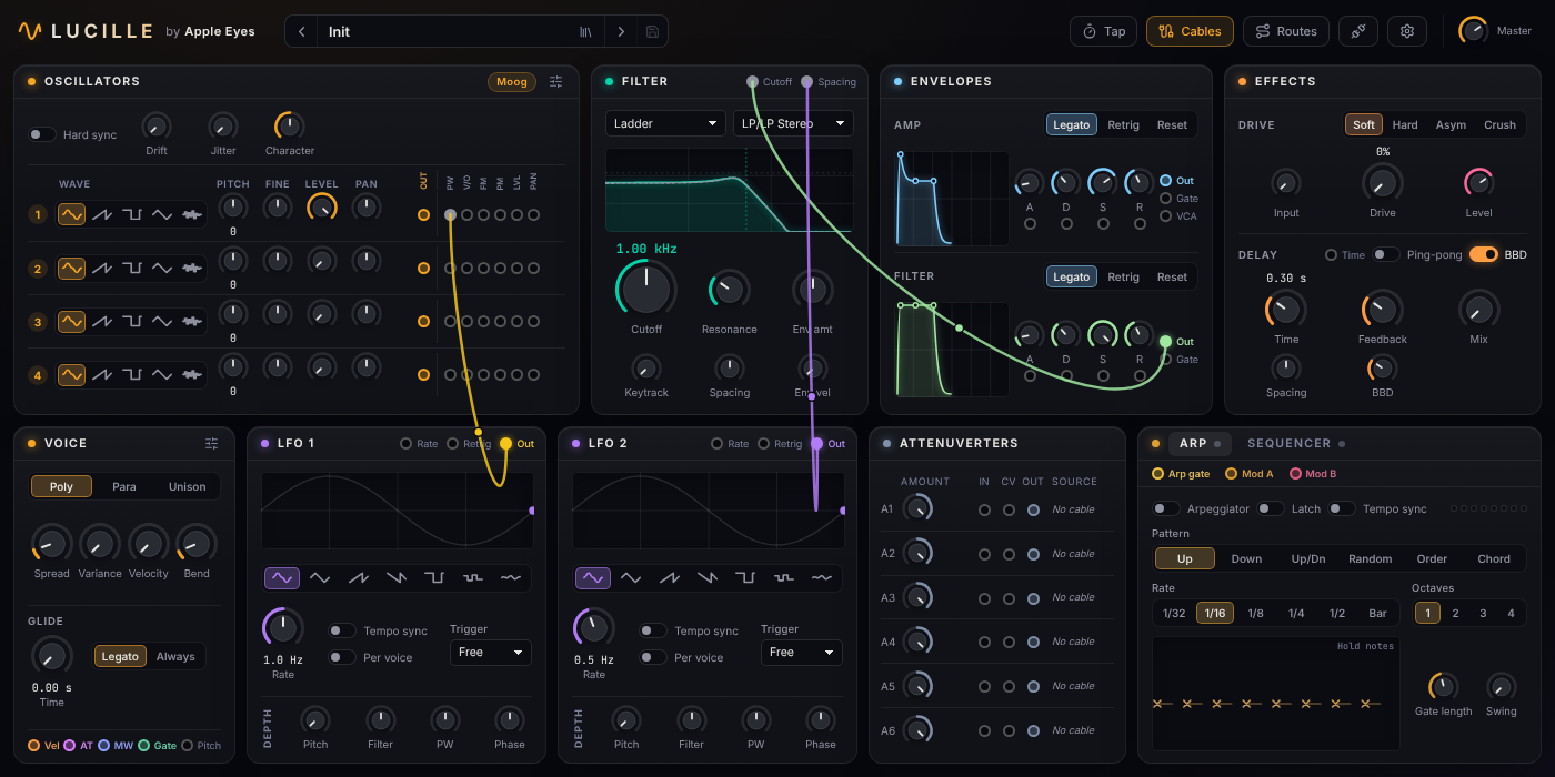 Lucille's interface: oscillators, filters, envelopes, effects and LFOs